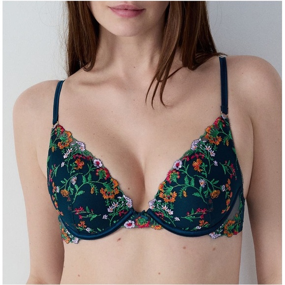 Etam Other - NWT Etam Underwire Blue Floral Plunge Push Bra Sz 34C